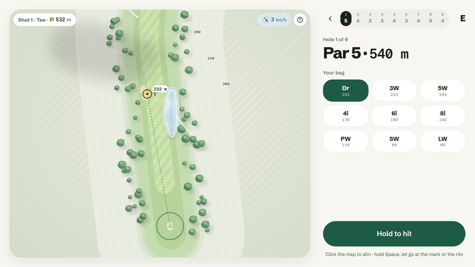A hole in 9Daily: a par 5 with trees along the fairway, a pond, the wind box and the club picker