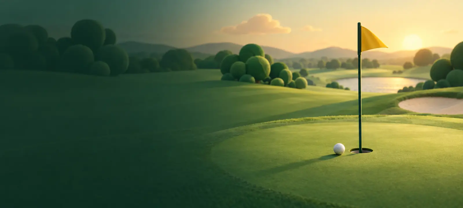 A green with a yellow flag in the evening light