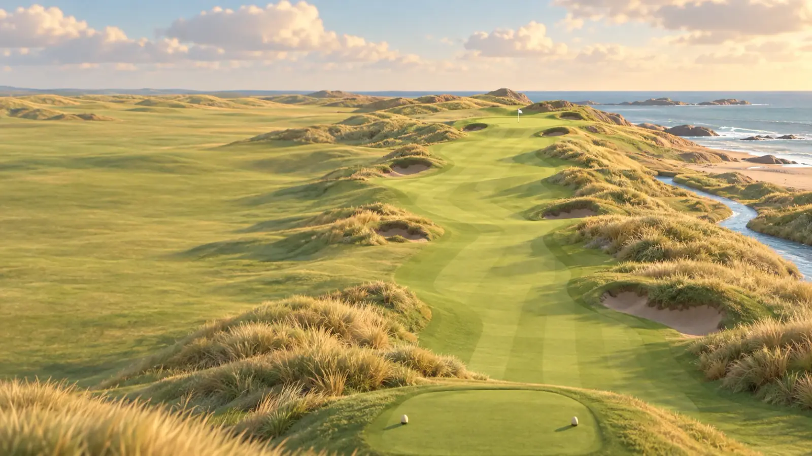 A links course with dunes and pot bunkers by the sea