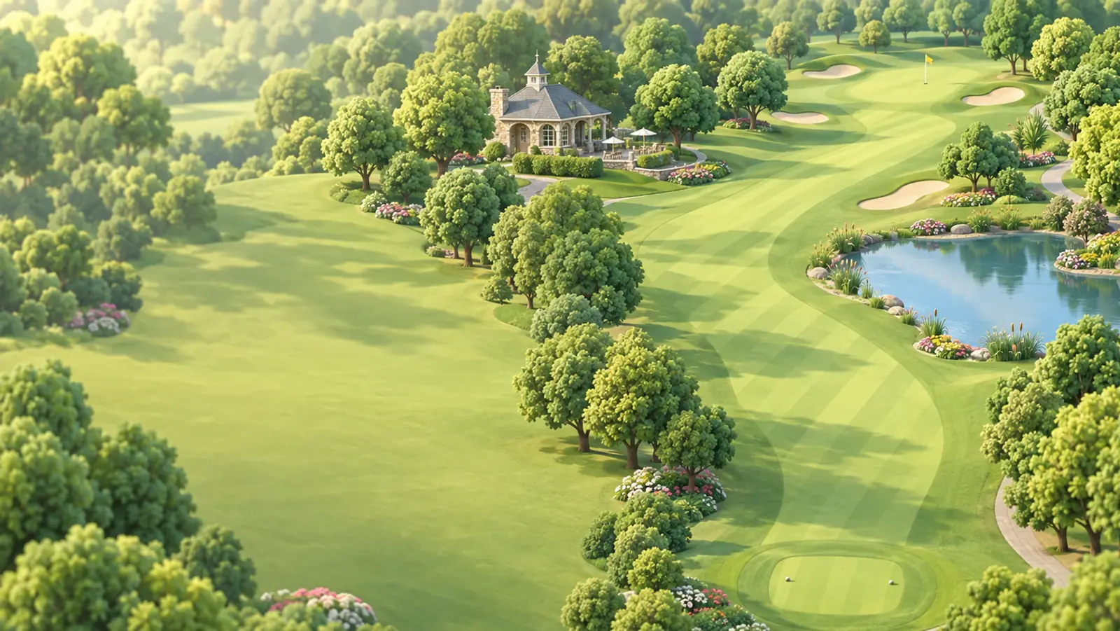 A fairway in the morning mist, the kind of hole you play in 9Daily