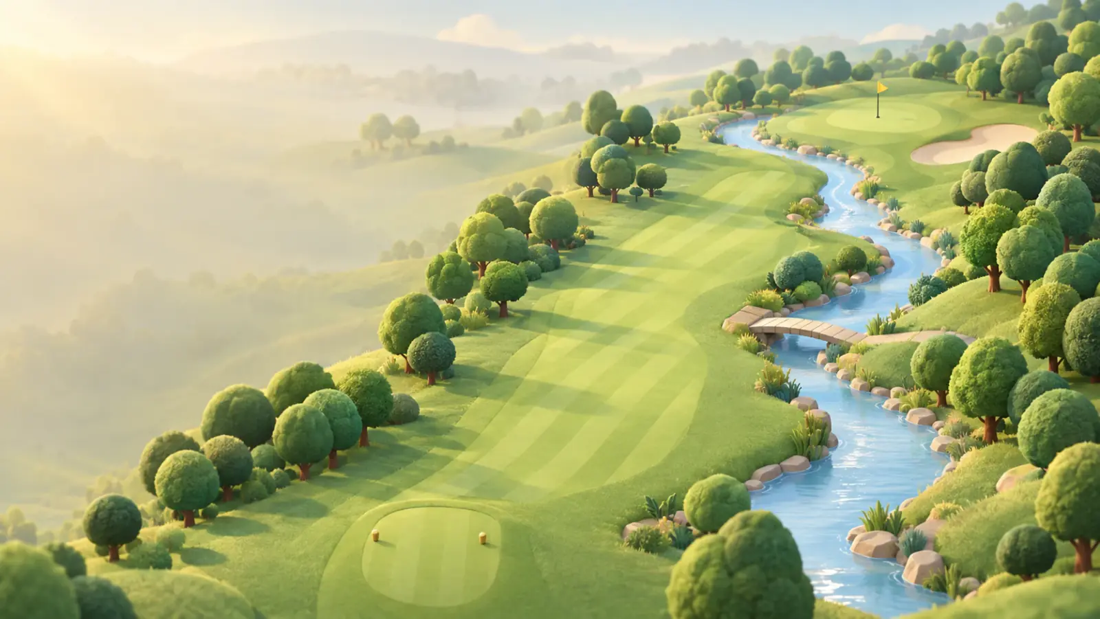 A fairway in the morning mist, the kind of hole you play in 9Daily