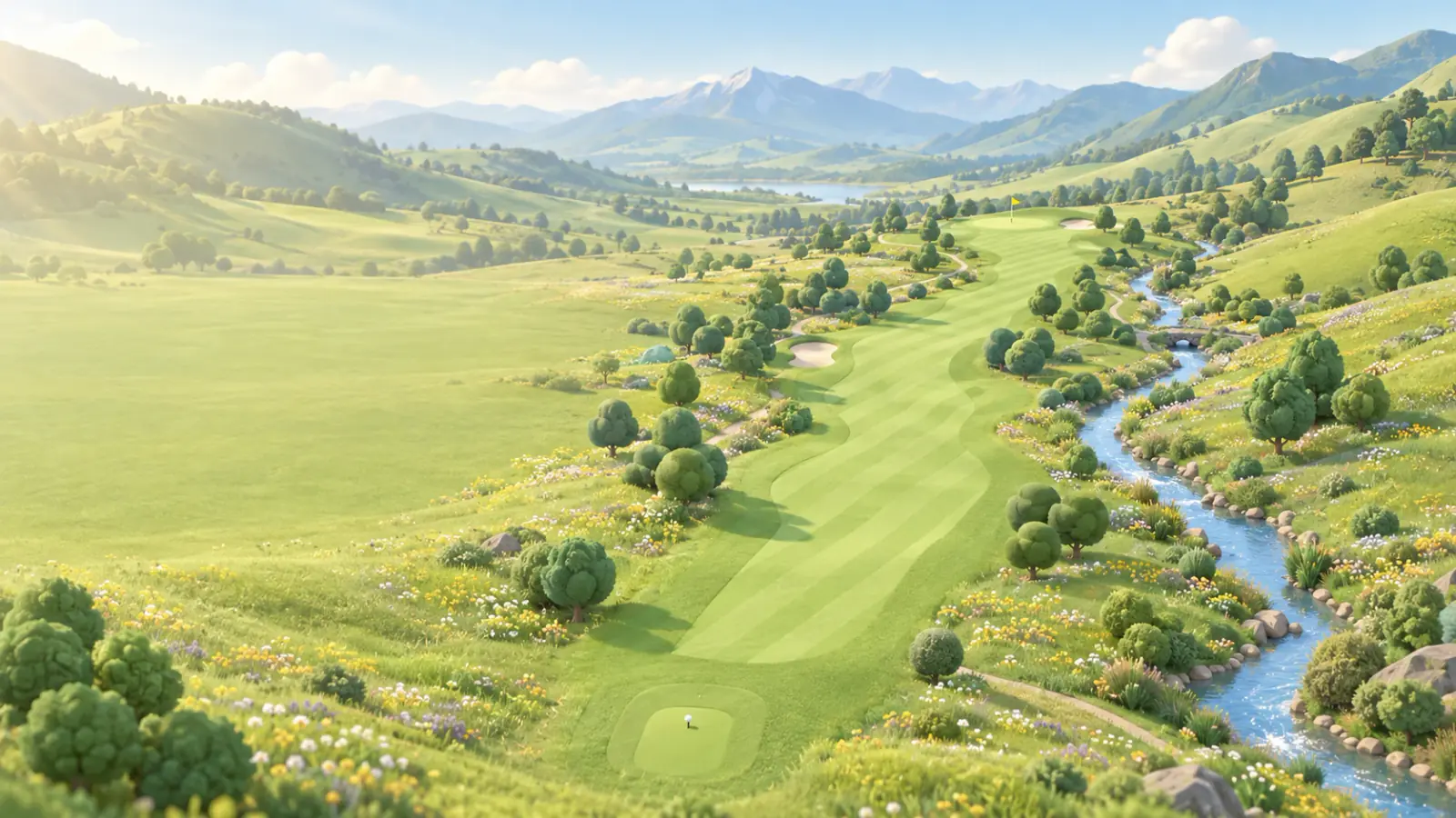 A wide golf hole in a sheltered valley